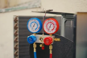 Close up of freon manifold gauges